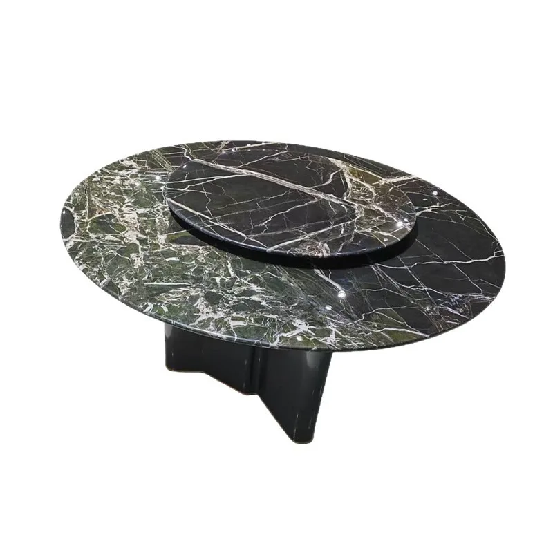 

Italian light luxury, green natural luxury stone dining table high-end round table with turntable villa dining table