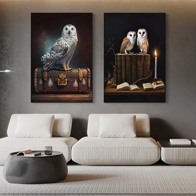 1pc frameless Canvas Painting Black Raven and Magical Owl Vintage Wall Art Canvas Painting Botanical and Mysterious Creature