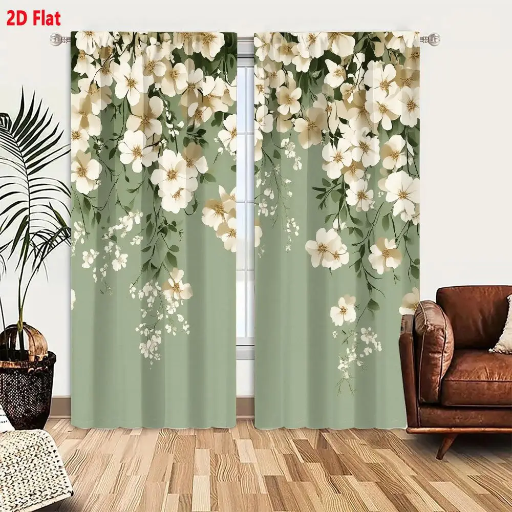 2Pcs Curtains 2D Flat Delicate Sage Green Floral Border With Cream Blossoms And Botanical Illustration Style Window Drapes for B