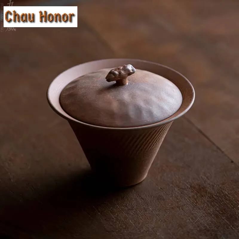 

120ml Handmade Rough Pottery Gaiwan Retro Old Rock Mud Ceramic Bowl with Lid Tea Tureen Tea Maker Cover Bowl Teaware Collection