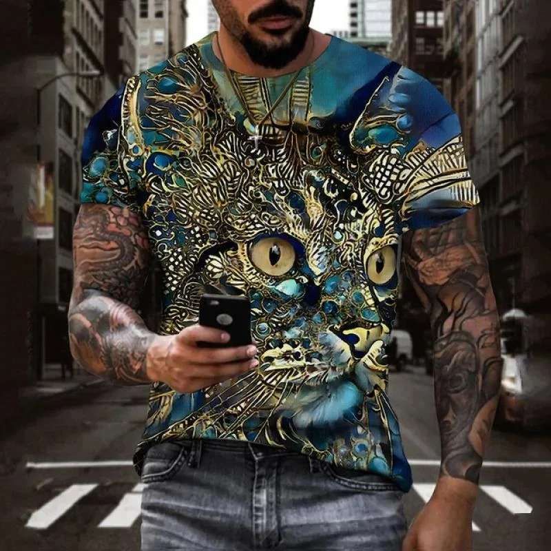 2025年ファッション 3Dアニマルプリント 猫柄Tシャツ 夏ファッション 半袖 クール メンズ カジュアル ストリートウェア ヒップホップ