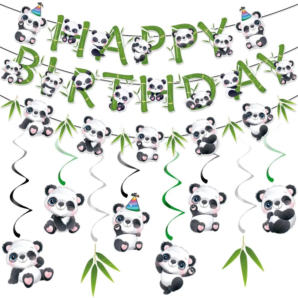 Cartoon Panda Hanging Swirl Happy Birthday banner with Green Bamboo Panda Theme Kids Newborn 1st Birthday Party Backdrop Decor