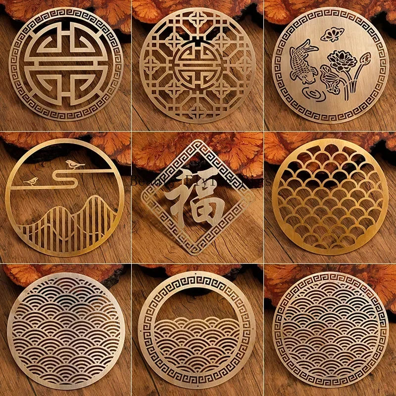 Brass Hollow Carving Patch Chinese Fortune Fengshui Wall Decoration Living Room Bedroom Fortune Hanging Cabinet Door Decoration