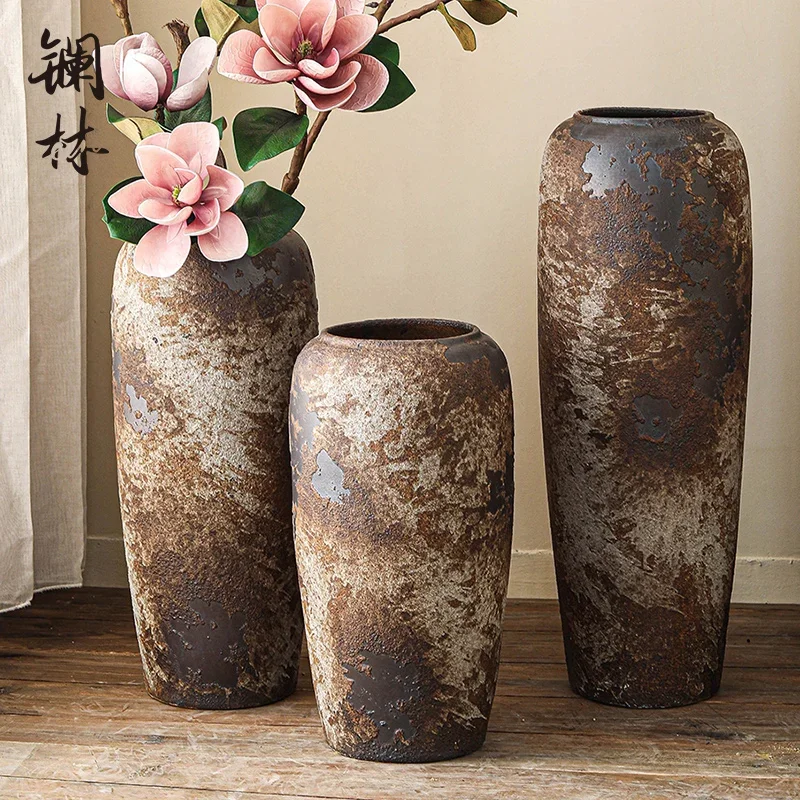 Floor-to-ceiling large vase ceramic ornament Chinese retro ceramic pot living room hotel decoration flower arrangement dried