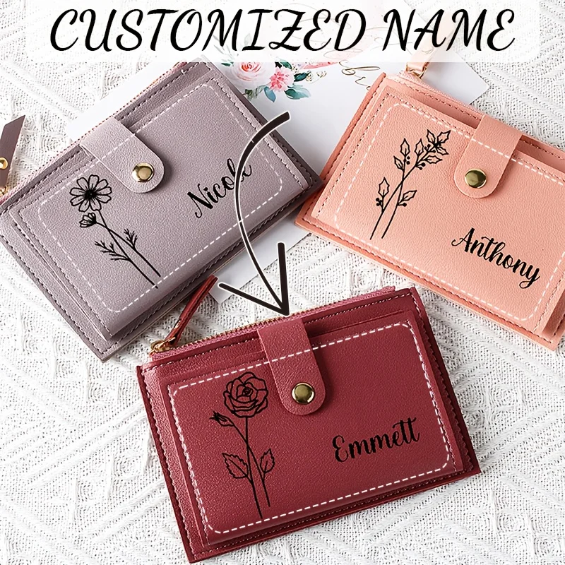 Personalized Name Women PU Leather Female Wallets Custom Birth Flower Mini Solid Multi-Cards Holder Coin Short Purse Zipper Hasp
