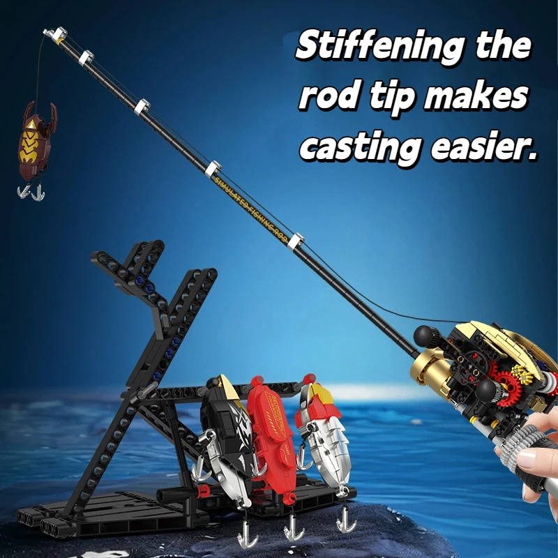 425 Piezas, Bloques de Construcción de Modelo de Carrete de Pesca/ Caña de Pescar, Juguetes MOC, Divertidos Ladrillos de Ensamblaje de Pesca, Herramientas de Pesca Realistas, Regalos para Niños