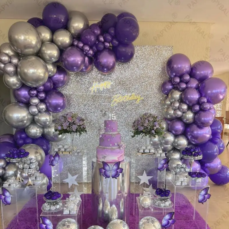 112pcs Purple Silver Metal Balloon Arch Garland Kit Romantic Wedding Party Girl Woman Birthday Anniversary Decoration Supplies