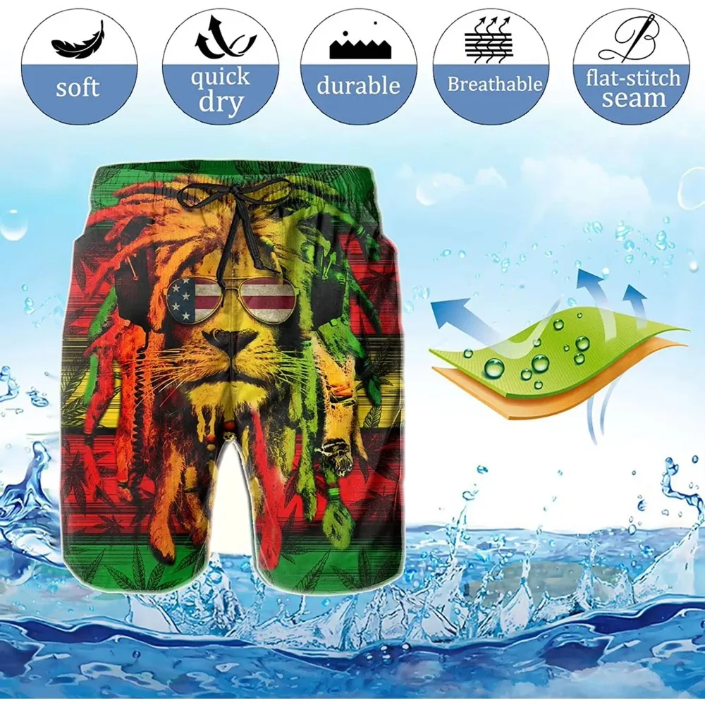 Jamaican Flag Swim Trunks for Men Lion Beach Short Board Short Swimming Trunks with Mesh Lining Men\'s Novelty Swimwear