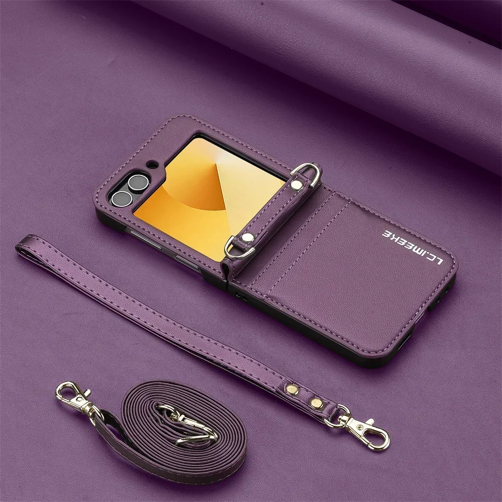 

High Quality Crossbody Wallet Phone Case for Samsung Galaxy Z Flip 7 6 5 4 3 Card Holder Detachable Lanyard Leather Mobile Cover