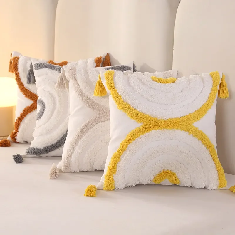 Ins Bohemian B & B Wind Tufted Pillow Hoop Fleece Sofa Cushion Geometric Embroidery Fringed Sofa Back Pillow