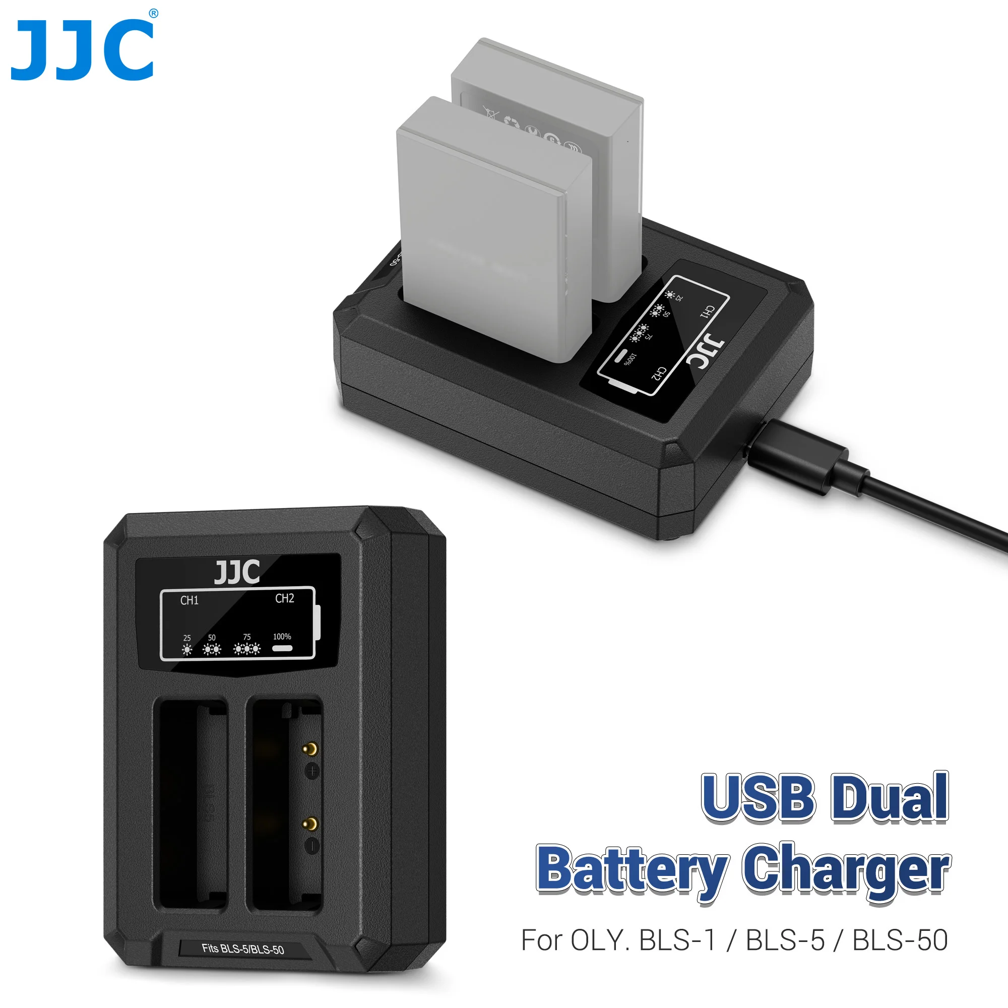Chargeur double batterie USB Type C JJC pour Olympus OM System E-M10 IV II III OM5 II E-PL7 BLS-1 / BLS-5 / BLS-50 Chargeur double batterie USB Type C JJC pour Olympus OM System E-M10 IV II III OM5 II E-PL7 BLS-1 / BLS-5 / BLS-50