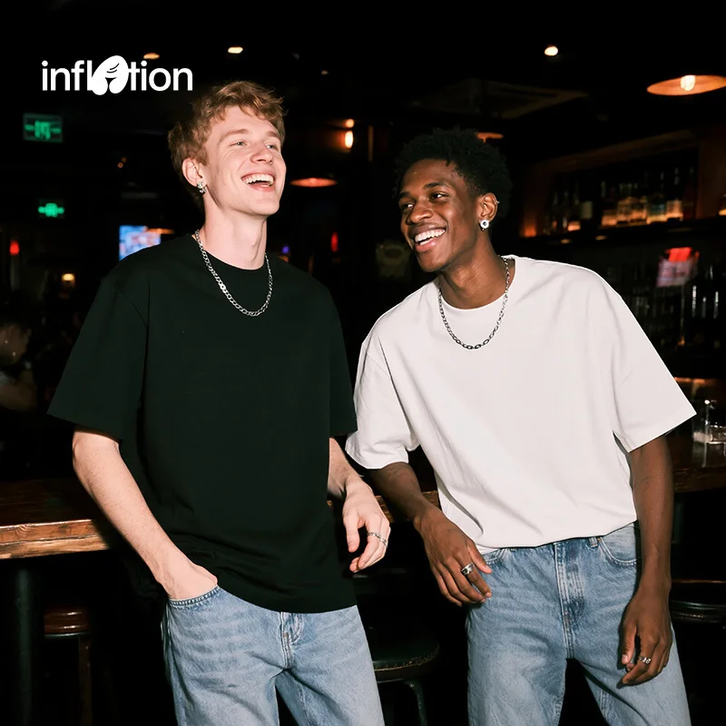 

INFLATION Unisex Oversized Black White Tee American Streetwear Solid Color Short Sleeve Loose Fit Casual T-shirts