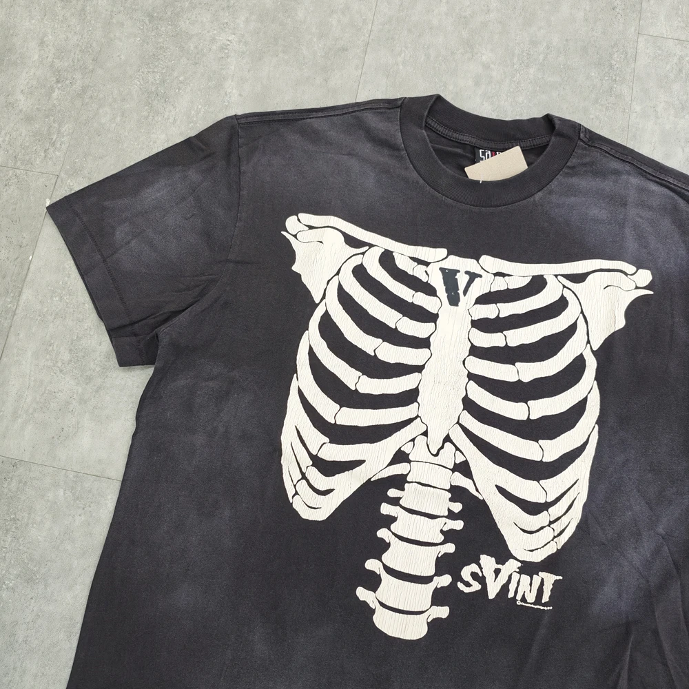Yao Fashion SAINT OF MICHAEL 25SS Casual Y2k Vintage Retro Tops Tee Skeleton Graphics Washed Old T