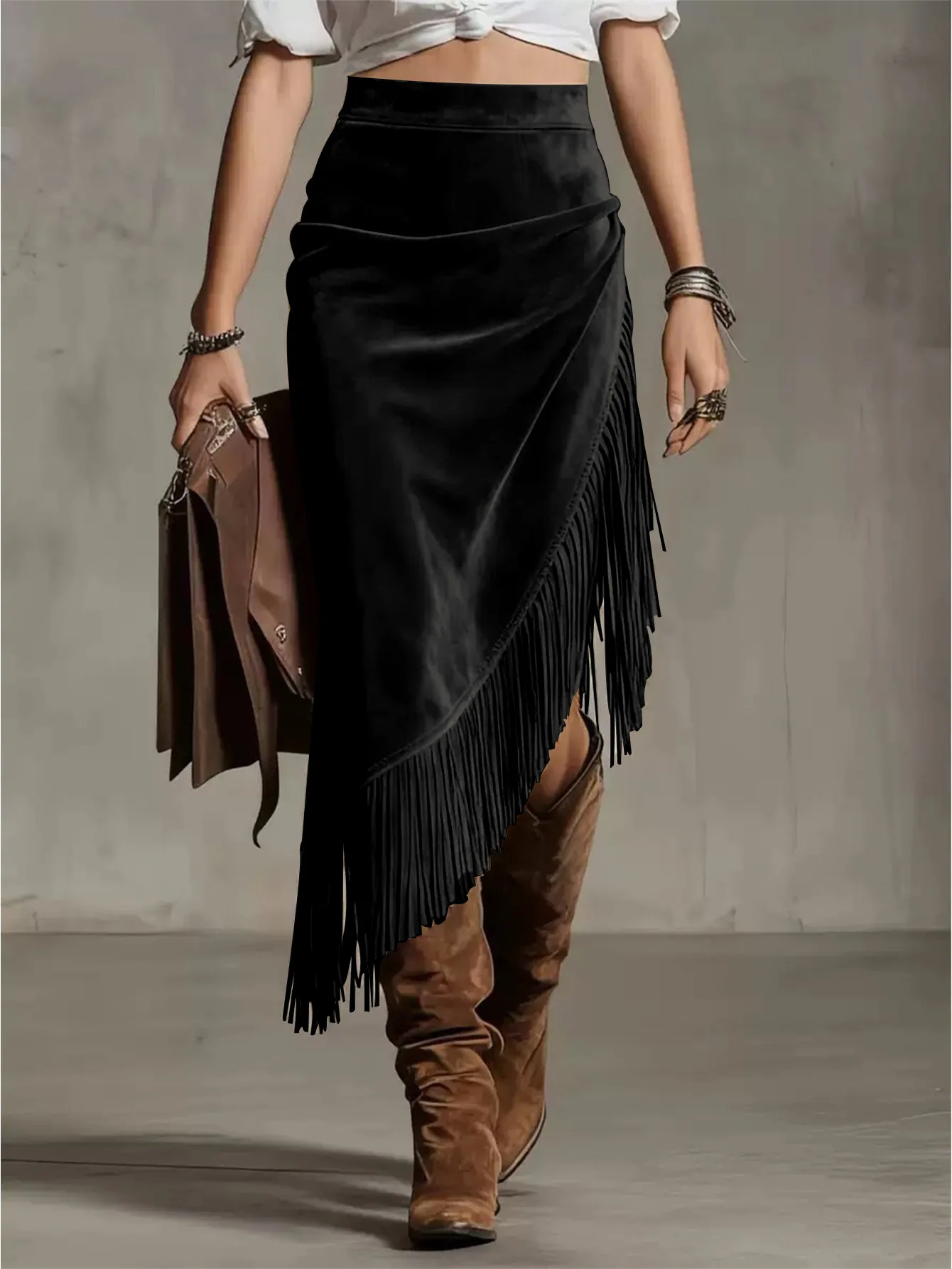 European and American Retro Style Solid Color Tassel Midi Skirt High Waist Asymmetrical Hem Suede Midi Dress