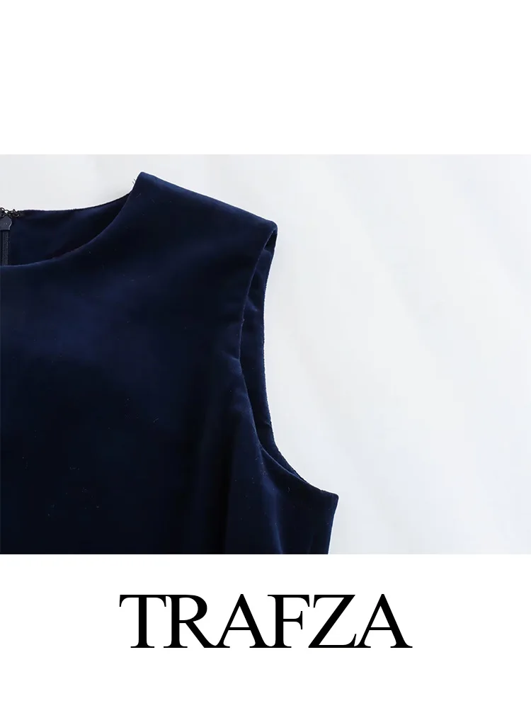 TRAFZA 2024 donne Vintage Navy abito in velluto donna inverno elegante abiti da festa Mini abito donna senza maniche abiti corti