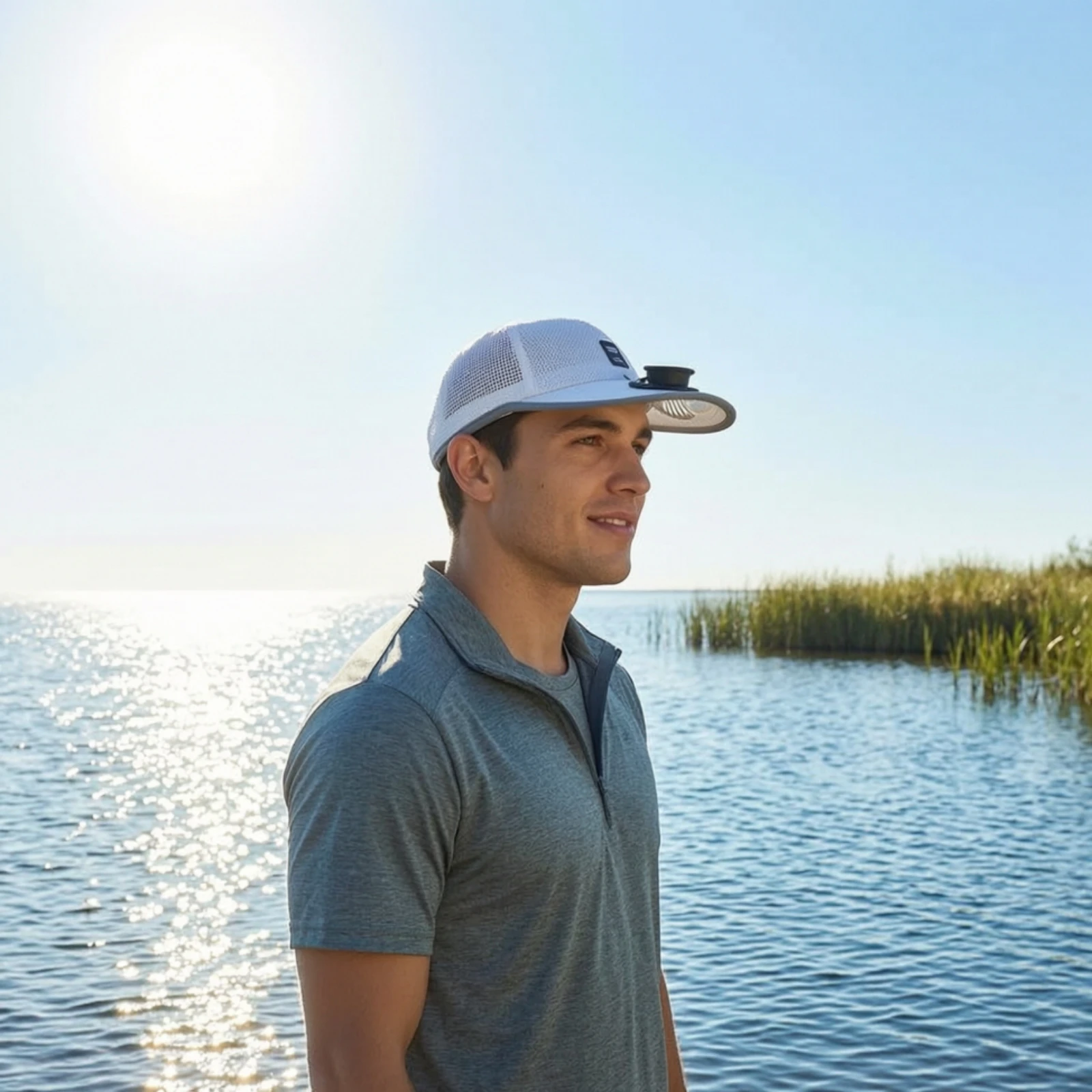 Sun Hat with Fan Lightweight Cap with Fan Mesh Sun Cap Adjustable Sweat-Absorbing for Anglers, Fishing, Hiking