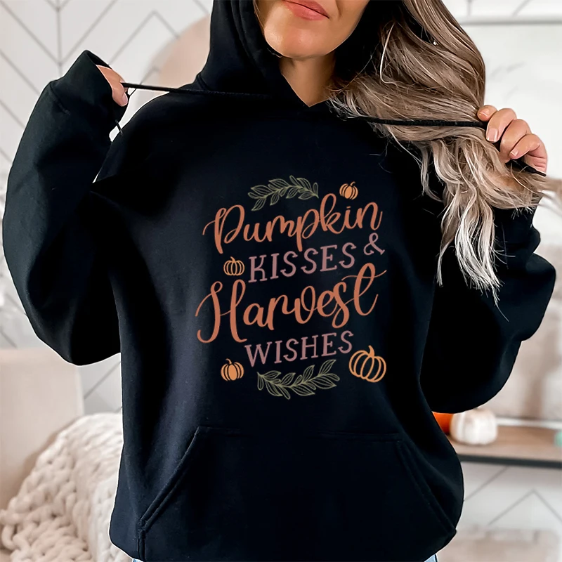 

Fashion Fall Pumpkin Kisses & Harvest Wishes Print Hoodie For Women Winter Autumn Casual Plus Size Pure Color Hooded Sweatshirts