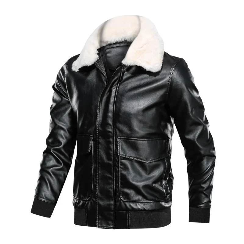 

Winter Warm Men's Pu Leather Jackets With Fur Collar Motorcycle Faux Coat Windproof Outerwea For Male