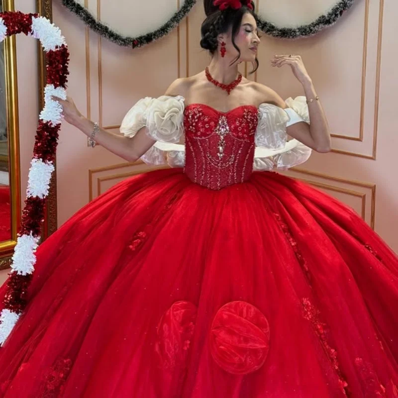 

Red Quinceanera Dress crystal glitter 3D flower Decal Long tail Bow Vestidos De 15 Quinceanera ﻿Customize