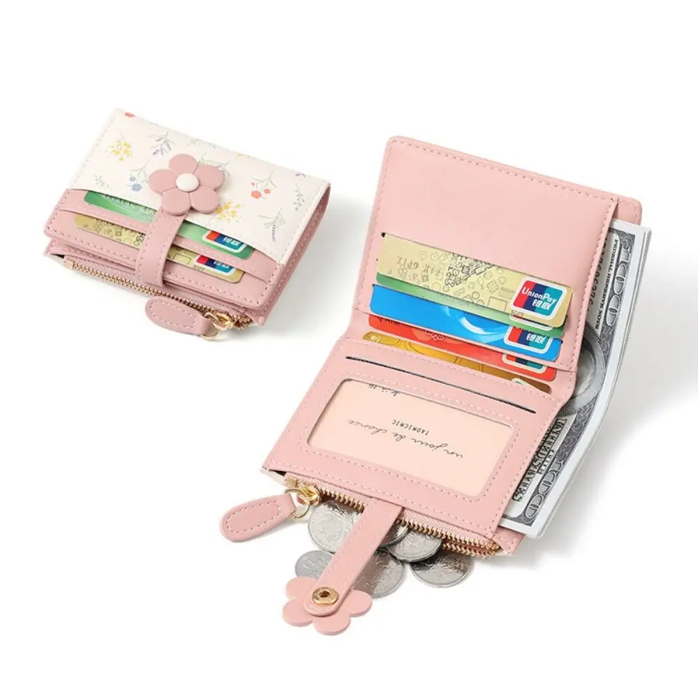 

Unique Flowers Printed Mini Coin Purse PU Leather Zipper Women's Short Wallet Multi-Cards Slot Creative Mini Keychain Bag Women