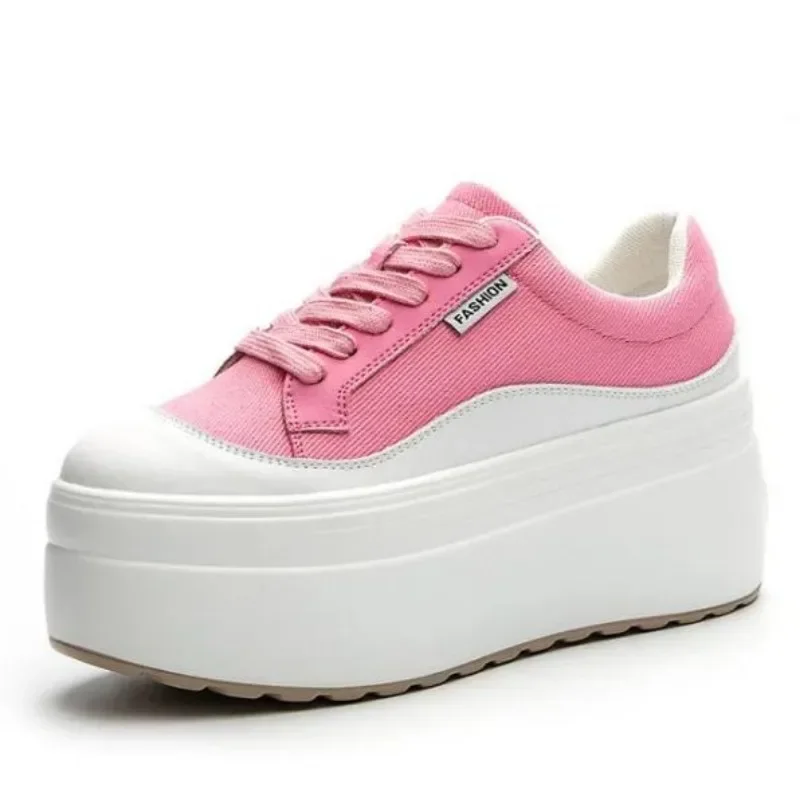 8cm New Canvas Genuine Leather Women Pink Fashion Sneakers Platform Shoes Wedge Hidden Heel Ladies Summer Mixed Color Vulcanize