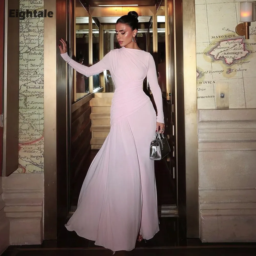 

Eightale Light Pink Evening Dresses O-Neck Long Sleeves Strethcy Satin Customized Mermaid Party Prom Gown Vestidos De Noche