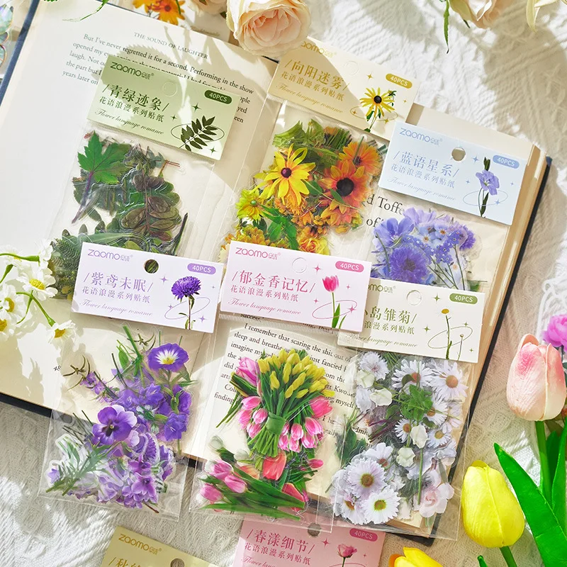 40Pcs Transparent Daisy Plant PET Flower Stickers Magazine Scrapbook DIY Stationery Label Decorative Stickers