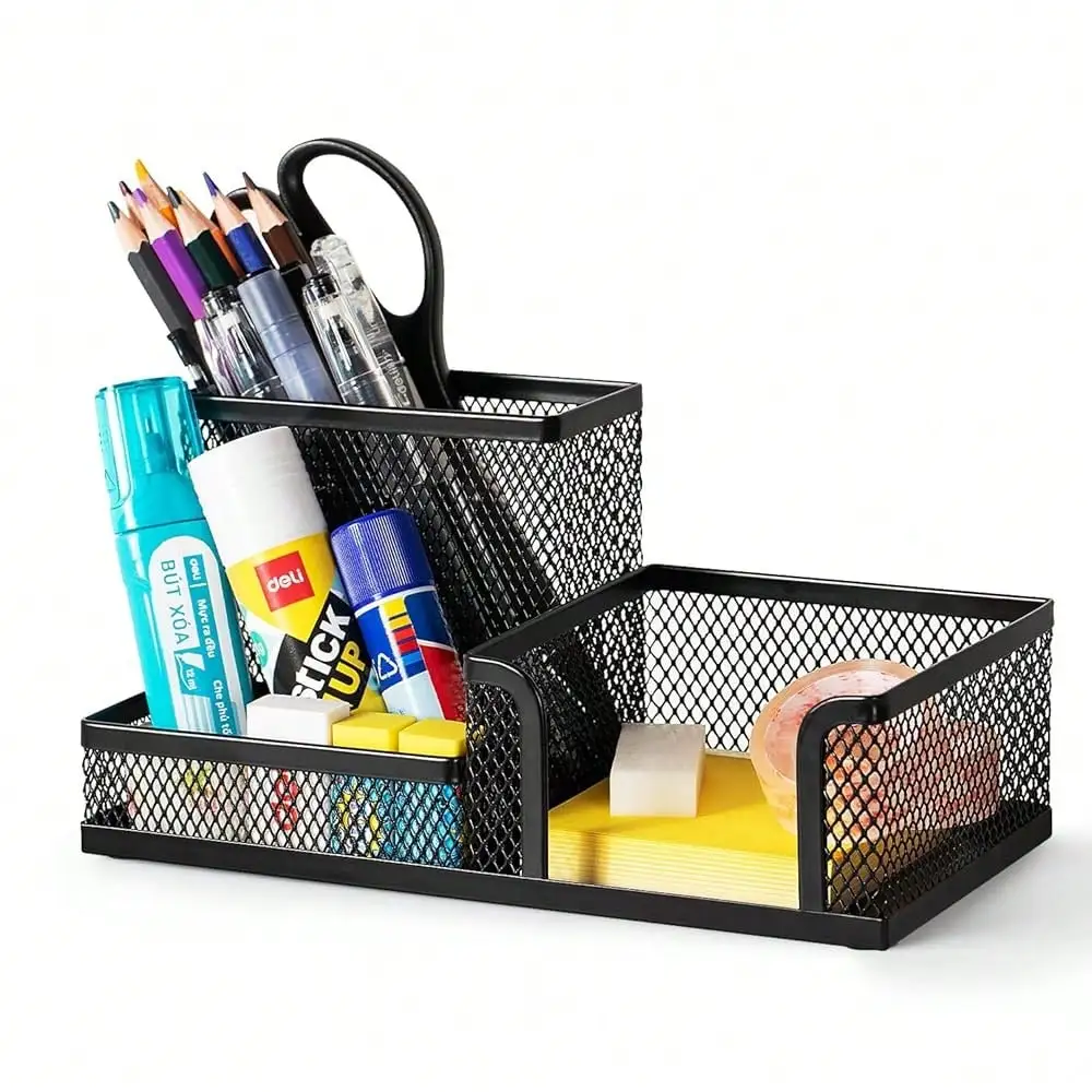 

7-Compartment Black Mesh Desk Organizer With Pen Holder, Office Desktop Organizer, Metal Stationary Caddy