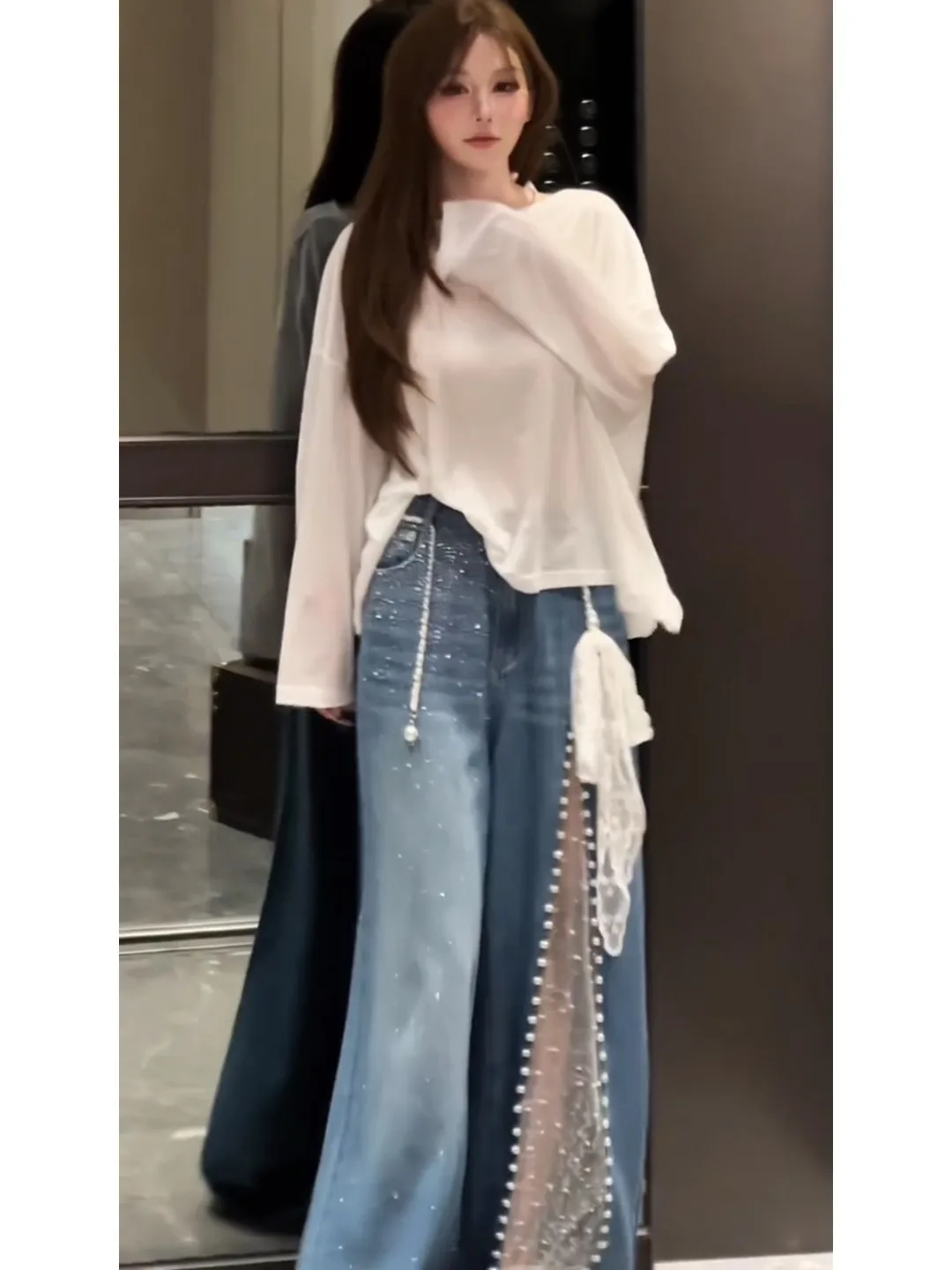 Korean Design Loose Backless Elegant Top Women Summer Hollow out Lace Denim Versatile Retro Two Piece Set Short Sleeve round ...