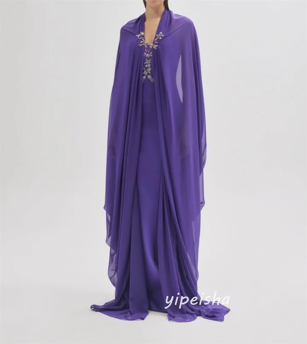 Vestidos largos de noche con cuello en V para mujer, vestidos largos personalizados de estilo moderno con apliques de Jersey morado y lentejuelas, Pastrol