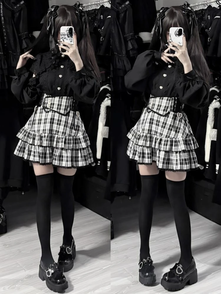 Japanese Harajuku Mini Skirt Punk College Style Plaid Cake Subculture Y2k Skirt Girl Summer High Waist Sweet Mini Skirt