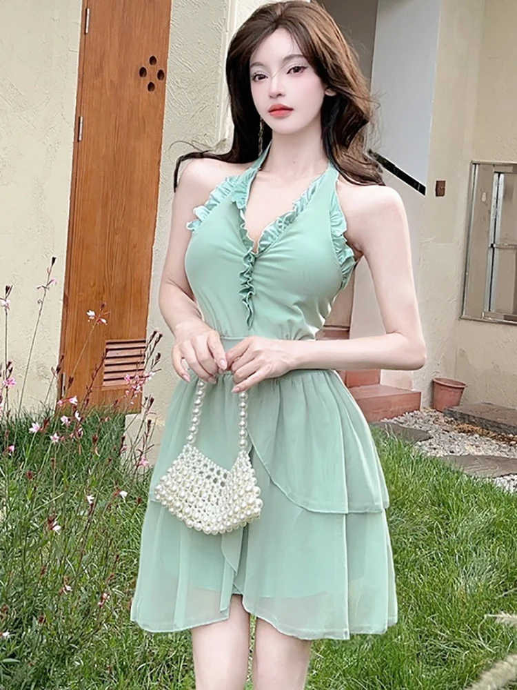 

Летнее зеленое шикарное сексуальное мини-платье с рюшами на шее, женское элегантное облегающее повседневное платье, новинка 2025 года, корейское модное платье Kawaii