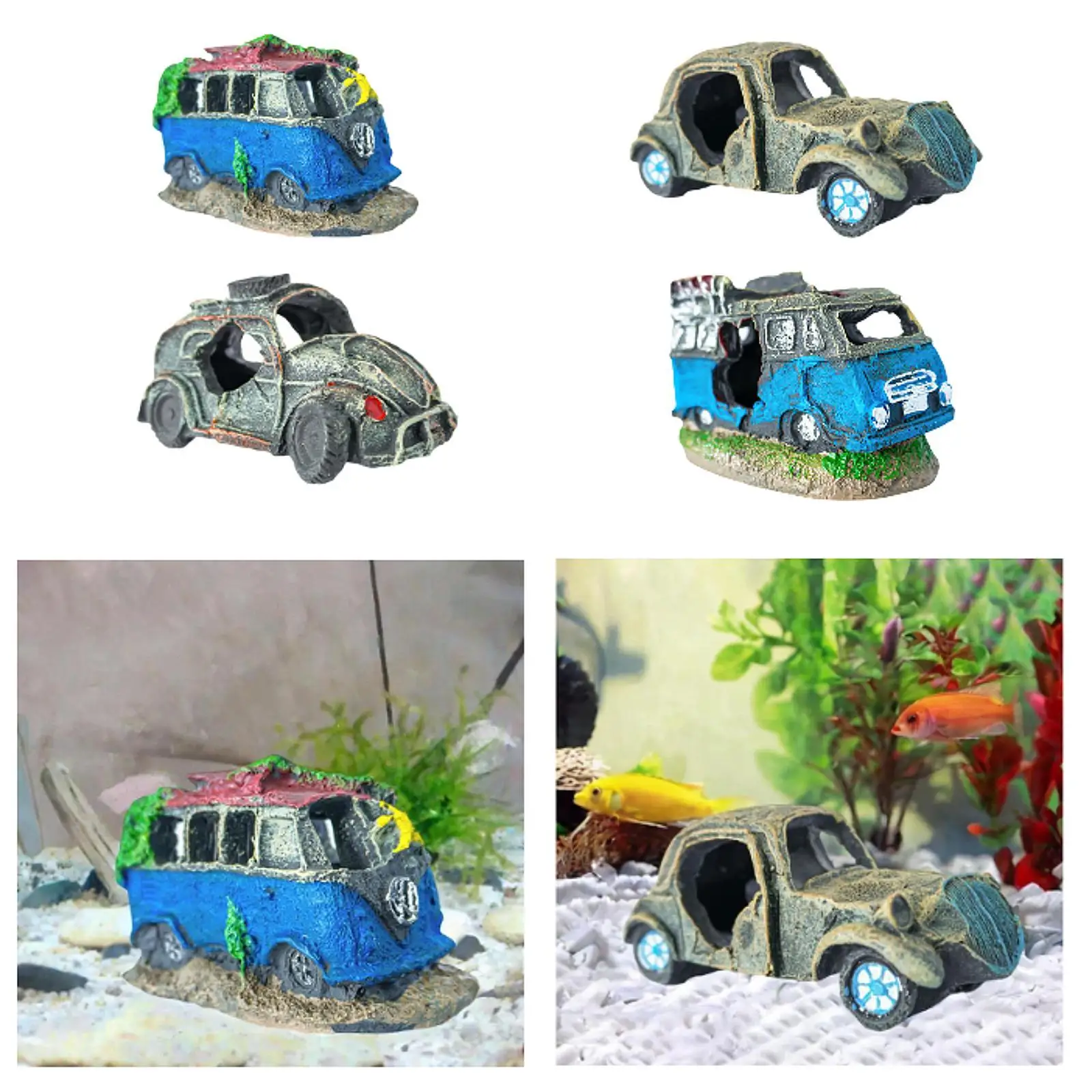 Car Wreckage Aquarium Decor for Rest Play Sculpture Toy Landscaping Creative Realistic Fish Tanks Decoration Resin Ornament