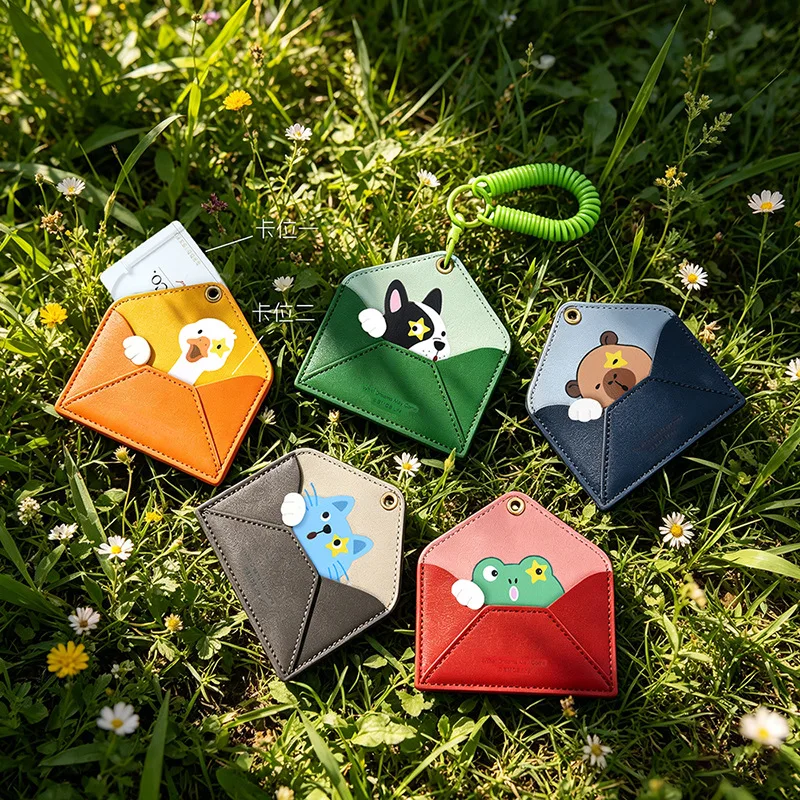Cute Cartoon Animal Envelope‑Shaped Card Holder PU Leather Mini ID Card Case With Keychain Lovely Dog Cat Frog Bear Duck Wallet