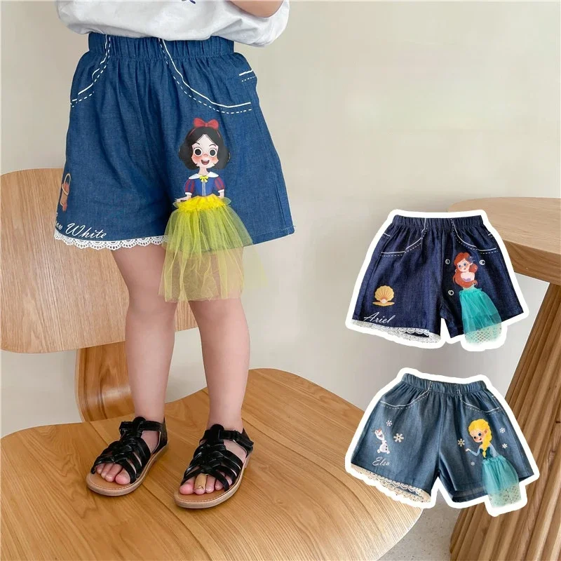 Pantalones cortos de verano para niños de Disney, pantalones cortos vaqueros para niñas pequeñas, pantalones cortos vaqueros con dibujos animados de Frozen, Elsa, princesa, sirena, pantalones cortos Kawaii de algodón
