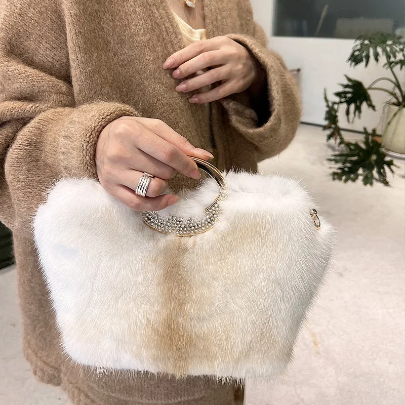 New Women's Handbag Natural Mink Hair Korean Edition Fashionable And Advanced Water Diamond Shoulder Bag Large Capacity Tote Bag