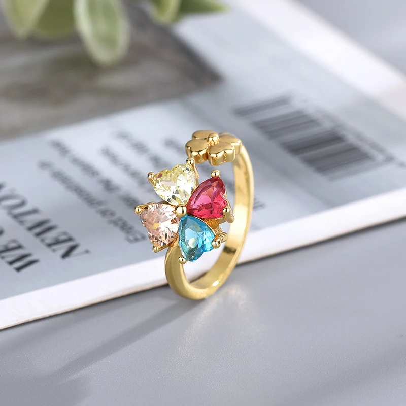 Four Heart Rainbow Gem Clover Open Adjustable Ring Two-Sided Lucky Design Gold Plated Dainty Good Luck Women Jewelry Gift