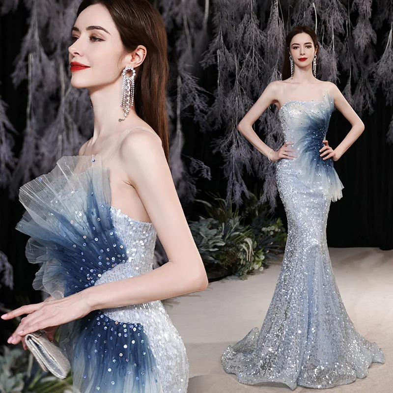 Blue Gradient Evening Dress 2024 Spring Art Exam Model Fashion Show Banquet Fishtail