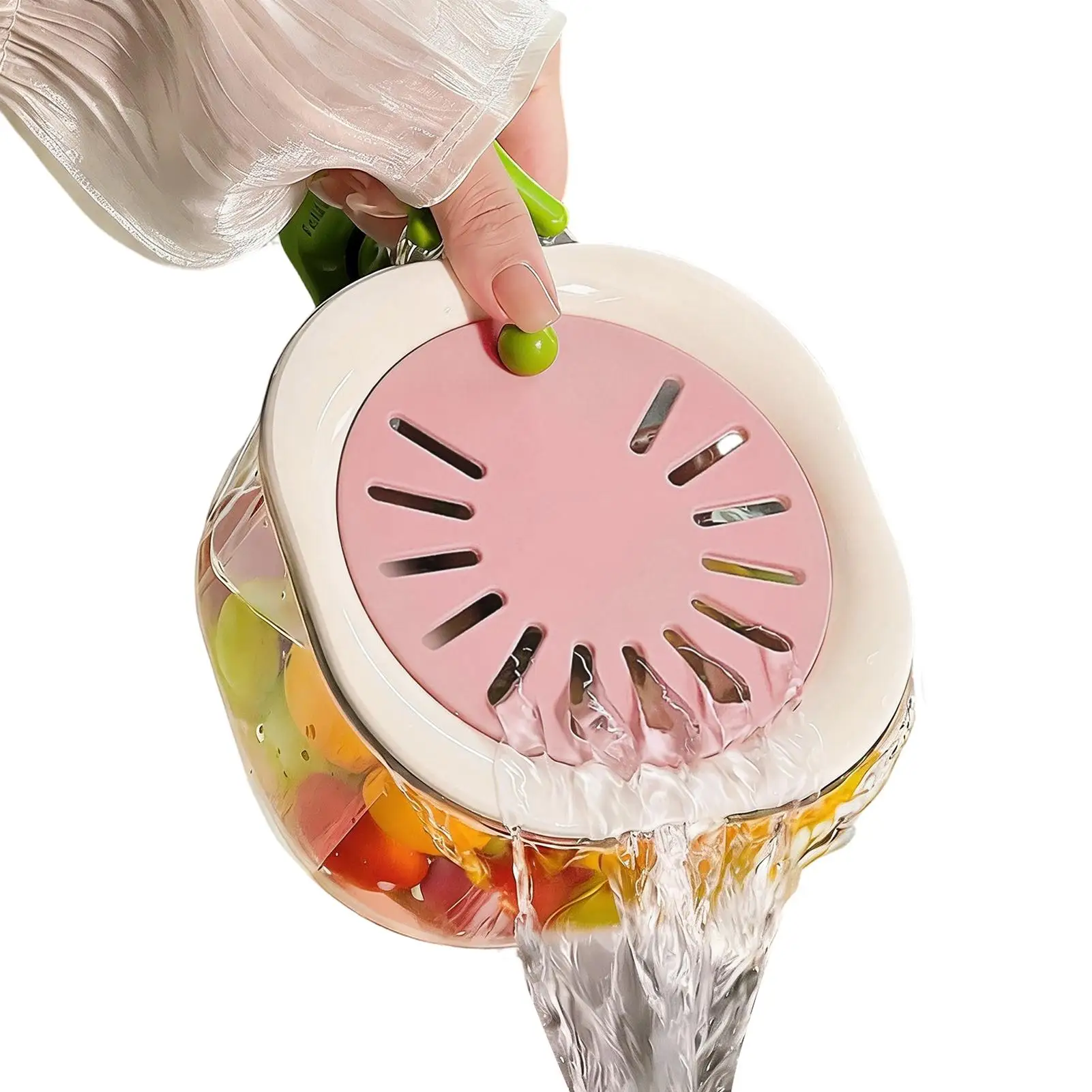Double Layer Drain Basket 2-in-1 Fruit Drainer Container with Foldable Handle fruit Strainer Thickened Fruit Plate Easy to Clean