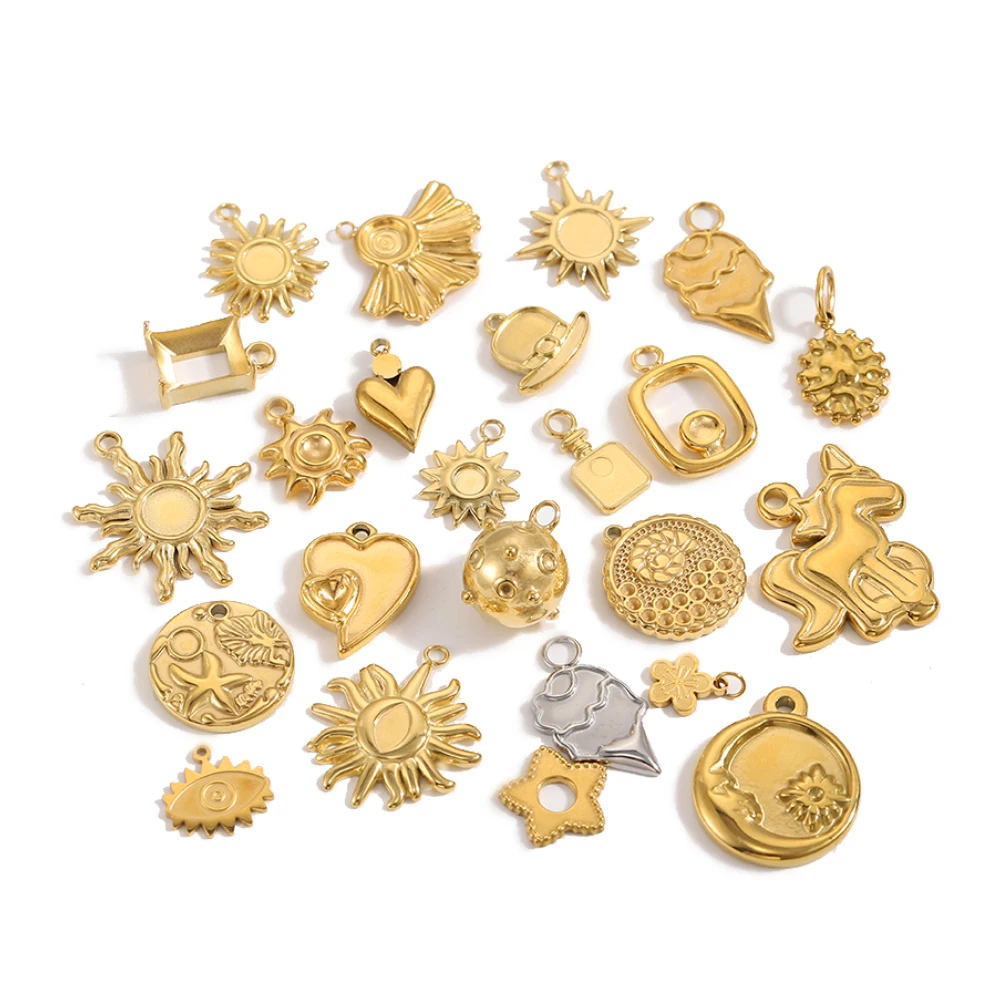 CARLIDANA Gold Plated Sun Moon Unicorn Inset Stone Charms Heart Eye Star Pendant DIY Jewelry Making Stainless Steel Accessories