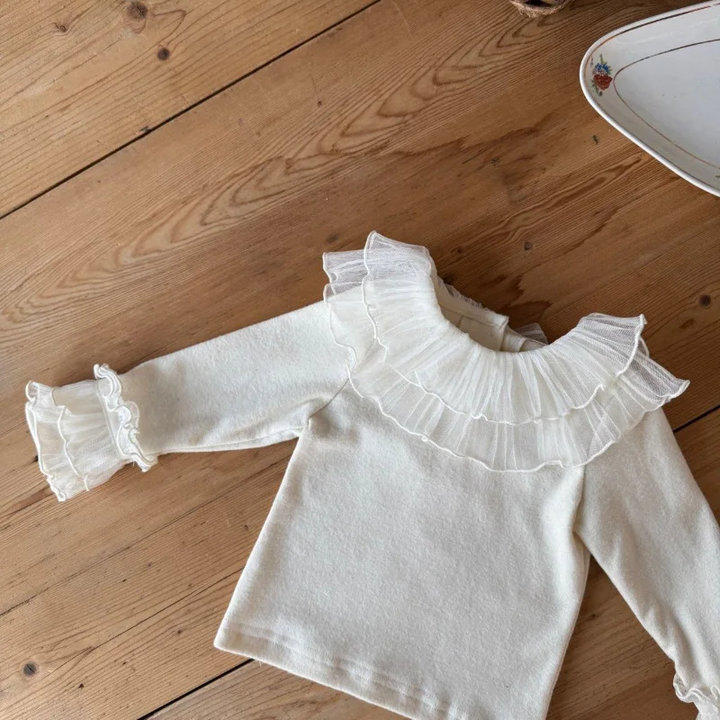 2026 Autumn New Girls Lace Collar Shirts Children Long Sleeve Tops Cute Baby Girl Cotton T Shirts Kids Casual Pullover