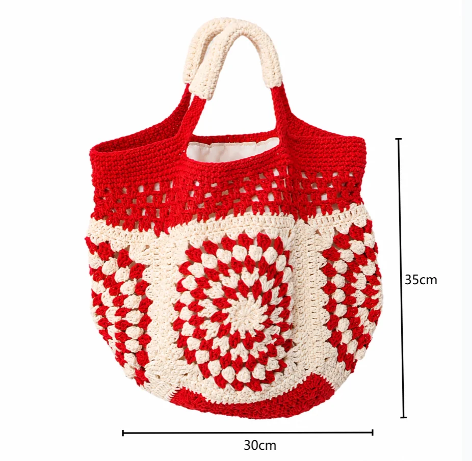 Handmade Crochet Hollow Out Tote Bag Vintage Granny Square Knit Handbag Summer Beach Straw Style Bucket Bag Casual Cotton Rope W