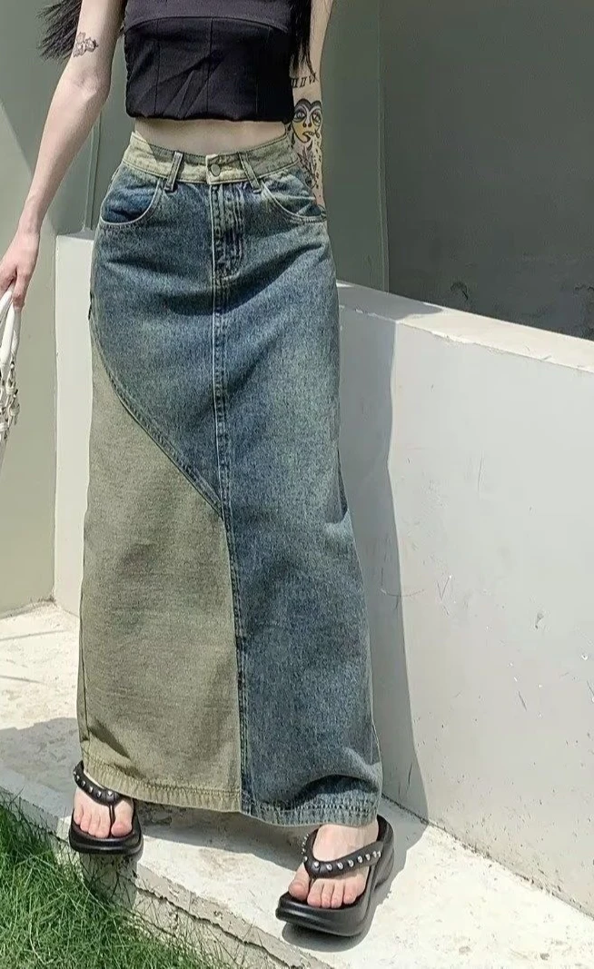 

Retro Denim Midi Skirt Women's High Waisted Hip Hugging Skirt Spring and Summer Design Sense Mid Length Skirt