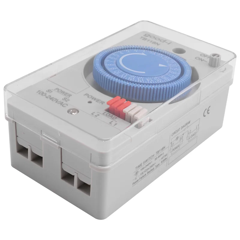 【Flash-Deal!】Mechanical Timer Switch Waterproof 100-240VAC 50-60Hz TB118N With Transparent Plastic Protective Cover Battery