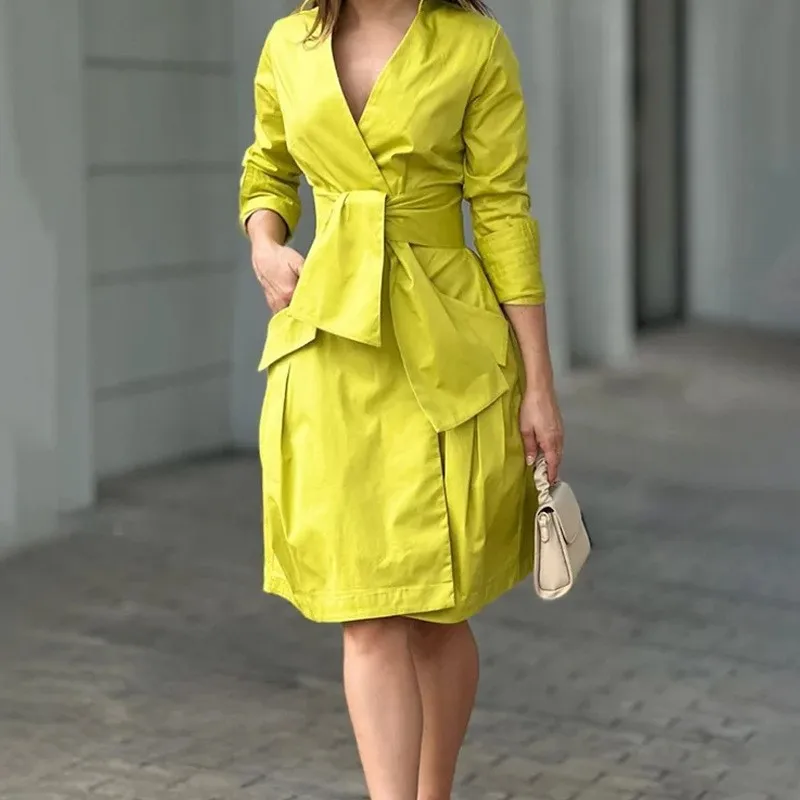 Women Solid V Neck Dress Full Sleeve Lace Up Midi Dresses A Line High Waist Casual Pockets Skirts Elegant Ladies Autumn