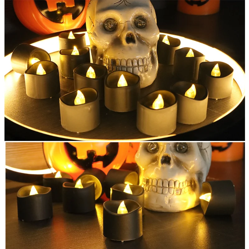 Flameless Black LED velas eletrônicas, operado a pilhas, luz amarela, Halloween, Natal, decoração de casamento, 12pcs