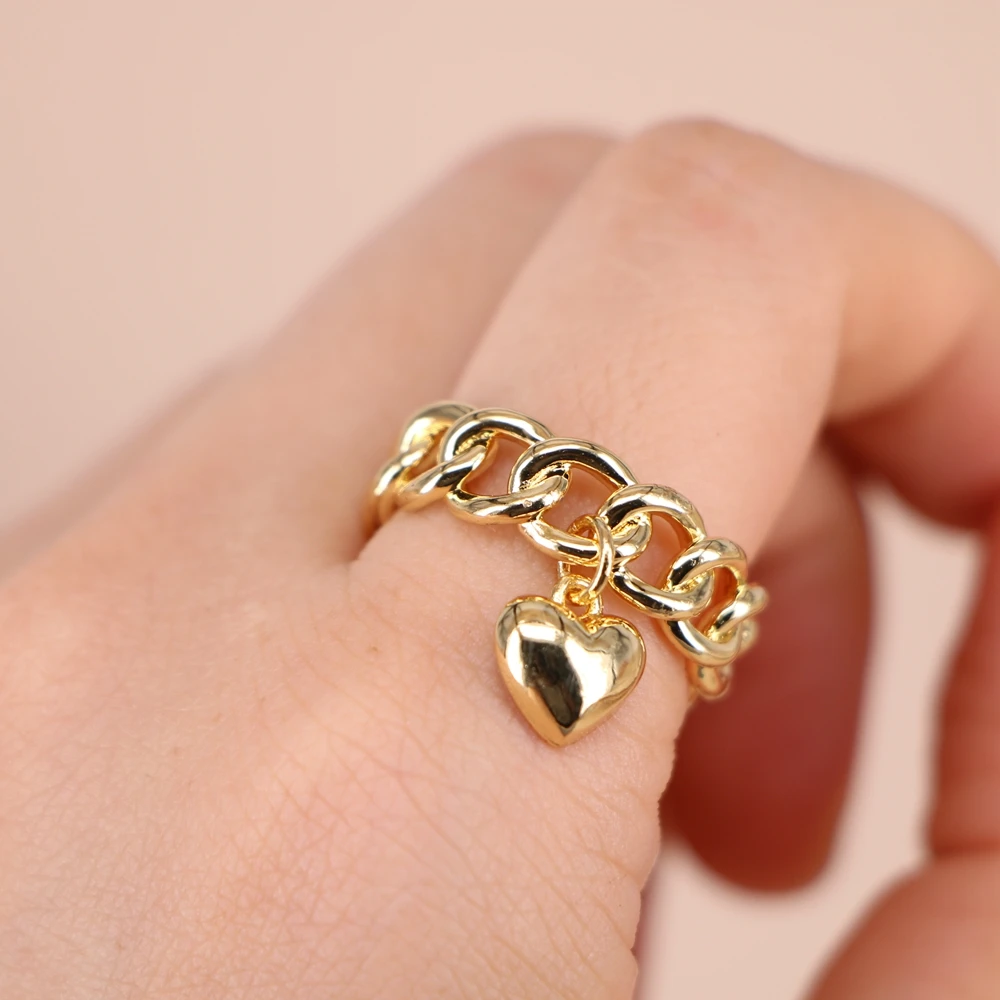 

10PCS, Heart Pendant Chain Rings For Women Yellow Gold Engagement Promise Ring Female Wedding Jewelry
