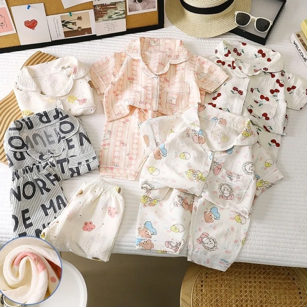 Pure Cotton Children's Pajama Set Short Sleeve Thin Fabric Air Conditioning Clothing Breathable Long Pants Set For Toddlers