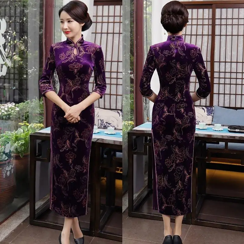 

Sexy Velvet Mandarin Collar Qipao National Tight Cheongsam Improved Long Vintage Novelty Print Dress Chinese Traditional Gown