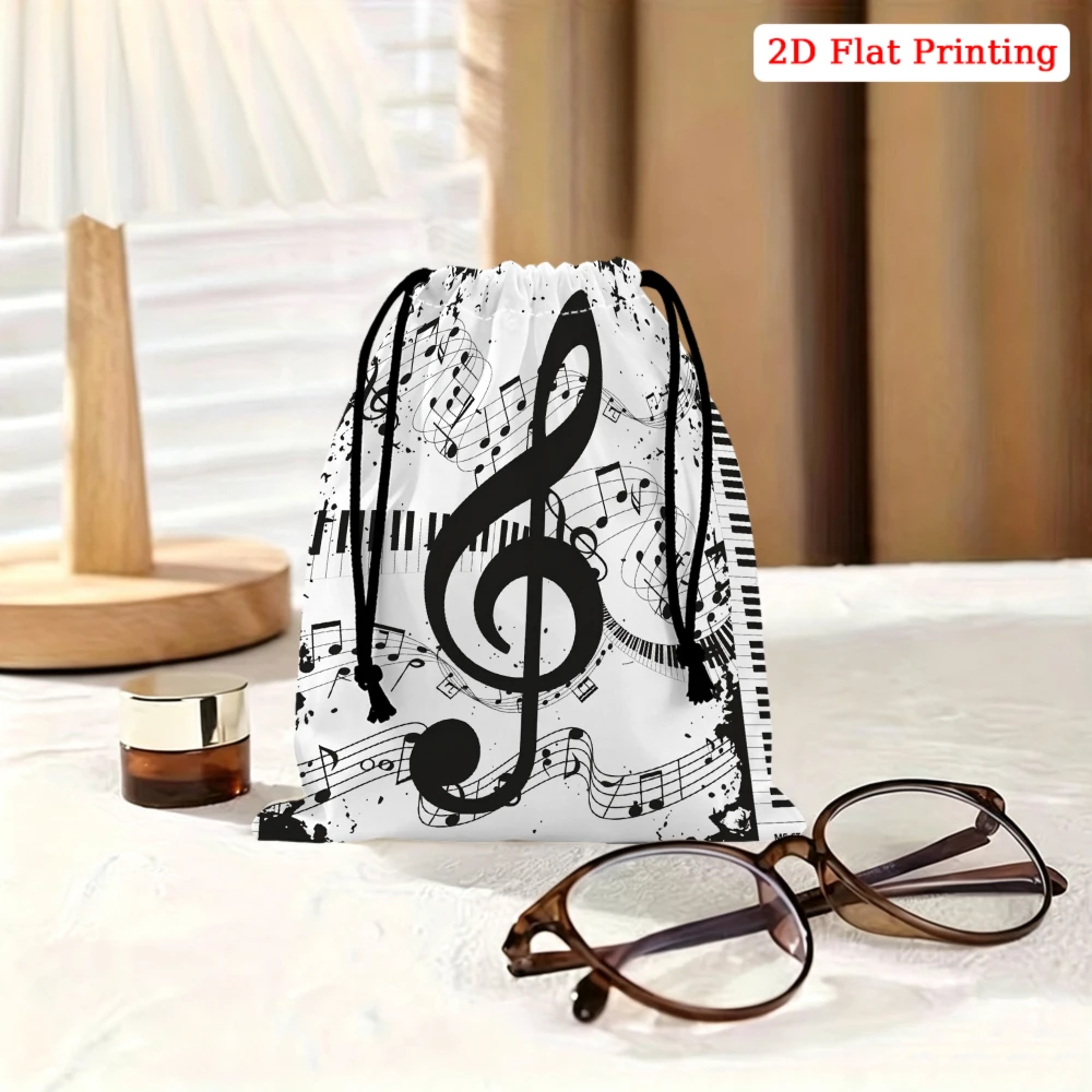 1pc Music Note Print Drawstring Bag White Black Musical Instrument Pattern Storage Small Pouch For Glasses Cosmetics Travel Orga